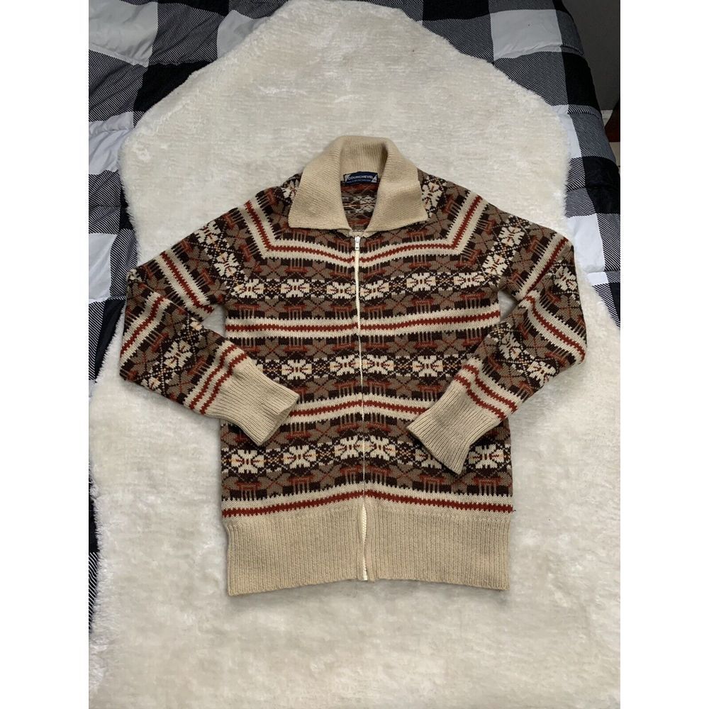 Vintage-Inspired Beige Fair Isle Zip Cardigan Sweater